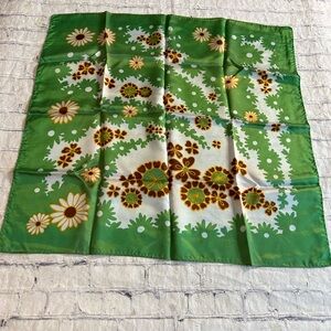 VTG MADE IN JAPAN 100% ACETATE GREEN WITH FLORAL PRINT BROWN/YELLOW SCARF O/S
